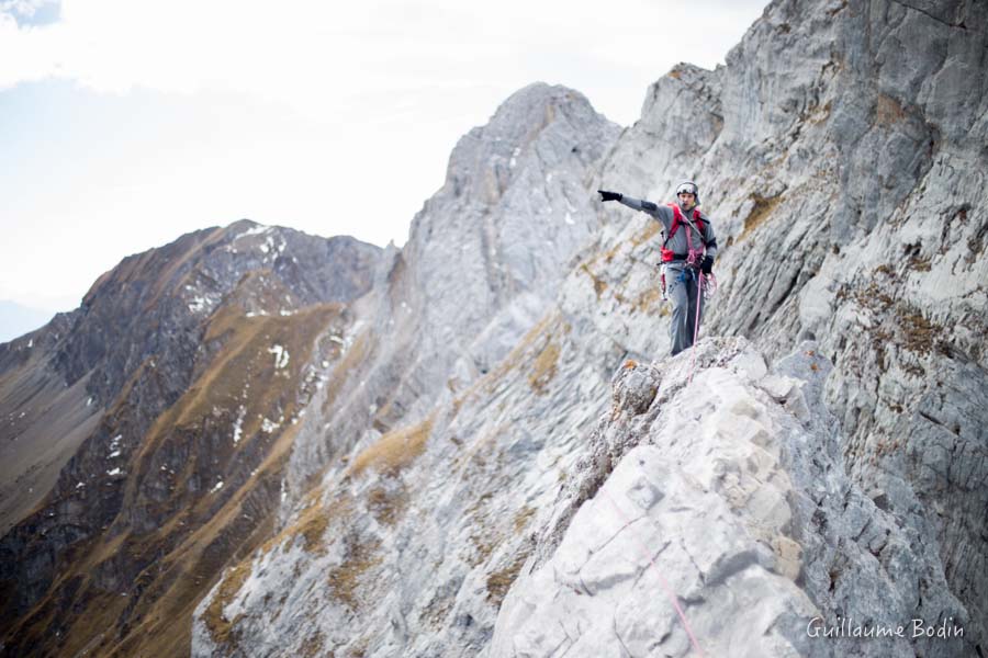 Matthieu Esnault sur l'arête de la Pointe des Verts